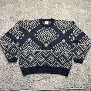 Classic Robert Bruce Geometric Knit Sweater Gray & White Large